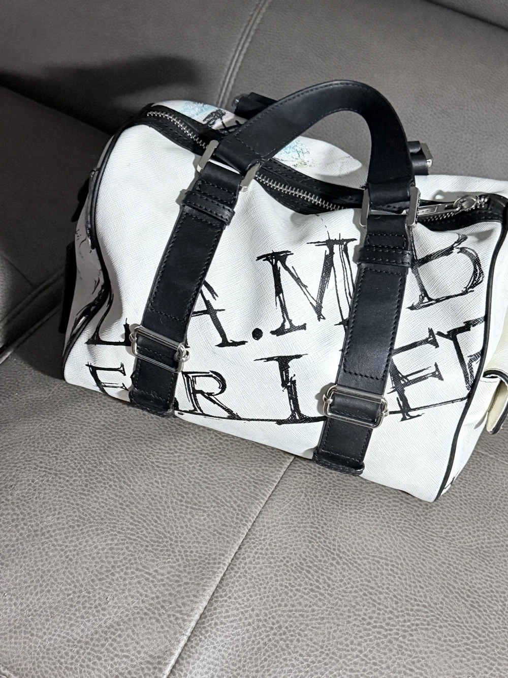 L.A.M.B. White StreetStyle Mini Duffel with Black Leather Trim